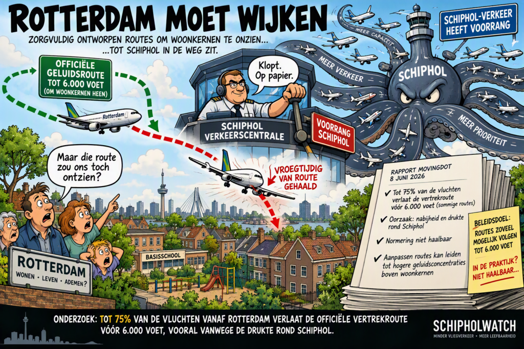 Onderzoek toont aan: 75% van de vluchten vanaf Rotterdam verlaat de officiële vertrekroute vanwege drukt rond Schiphol
